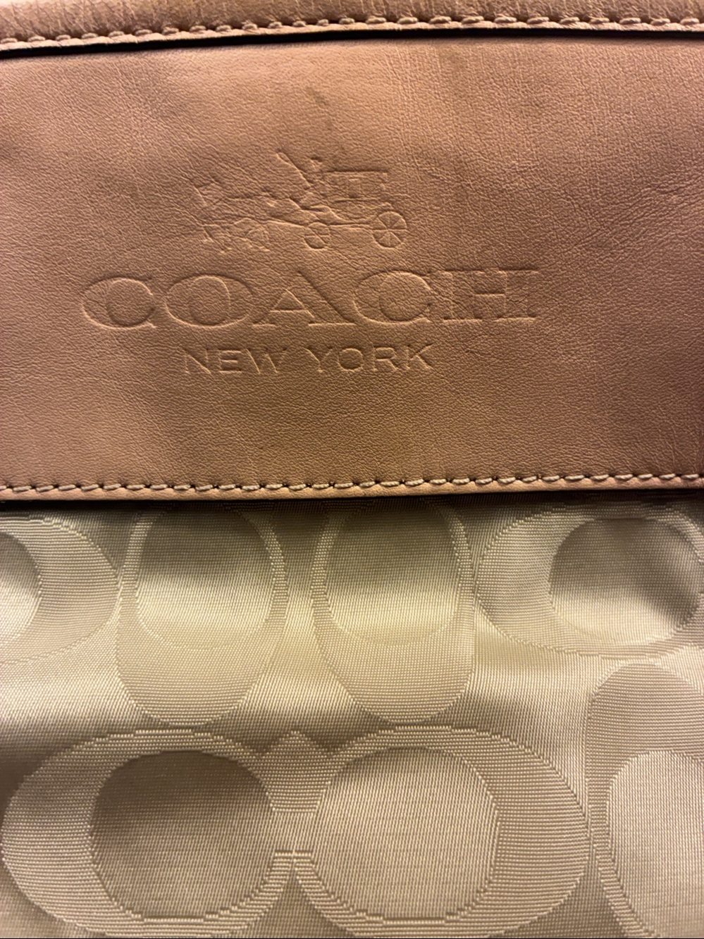 Genuine Coach Beige Signature Canvas Drawstring  Tote with Blush Leather Trim